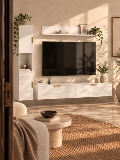 Ensemble meuble TV mural blanc brillant + armoire haute