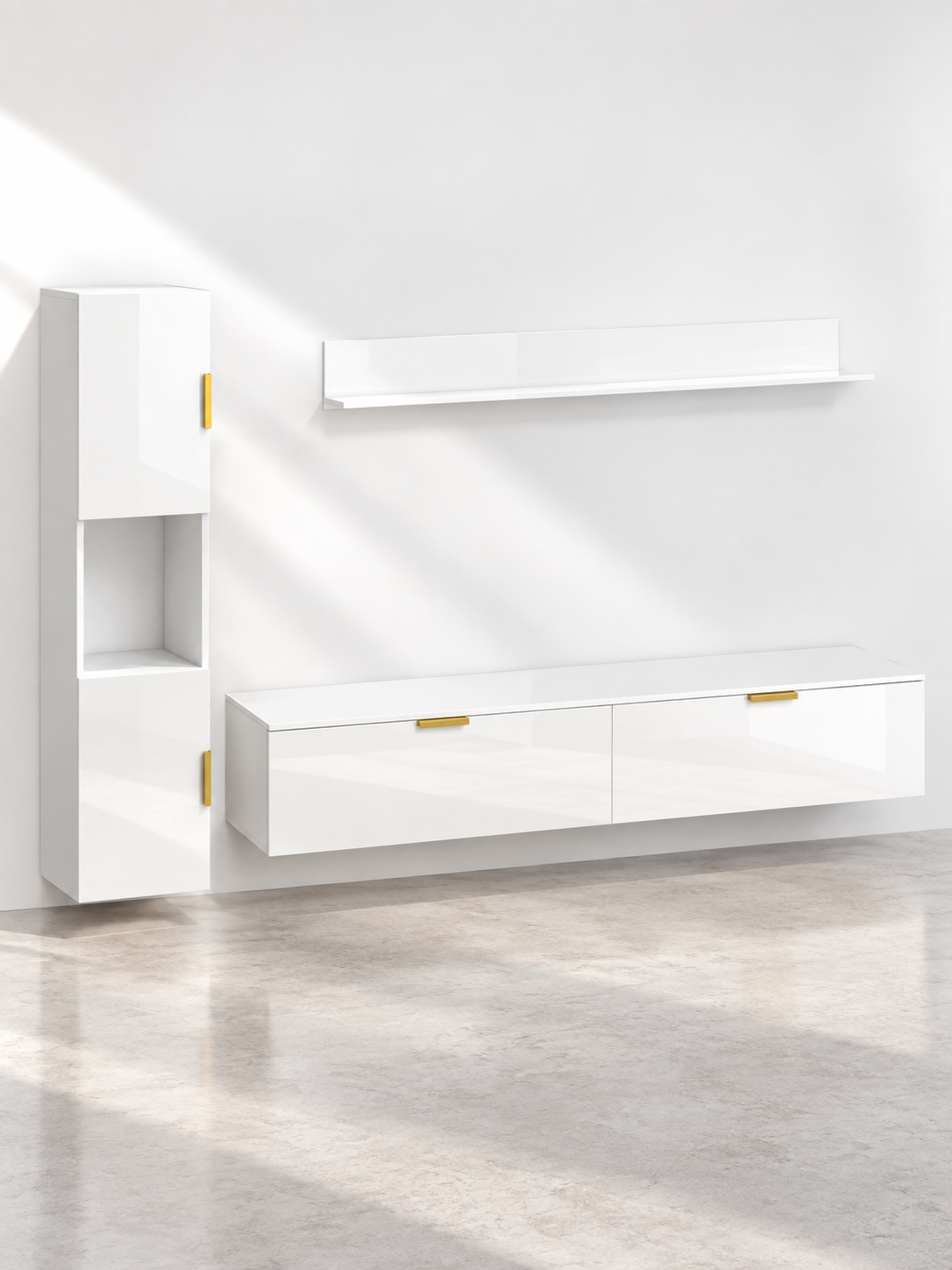 Ensemble meuble TV mural blanc brillant + armoire haute – vue 2