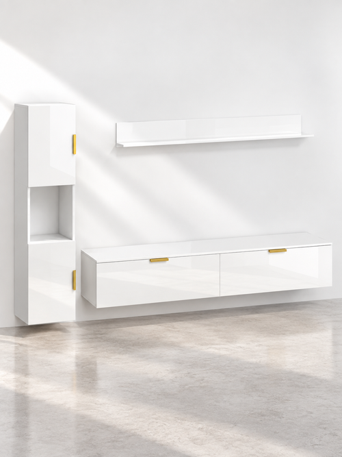 Ensemble meuble TV mural blanc brillant + armoire haute – vue 2