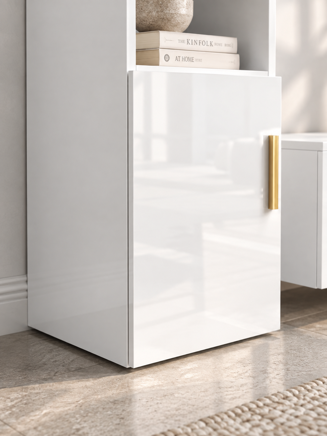 Ensemble meuble TV mural blanc brillant + armoire haute – vue 3