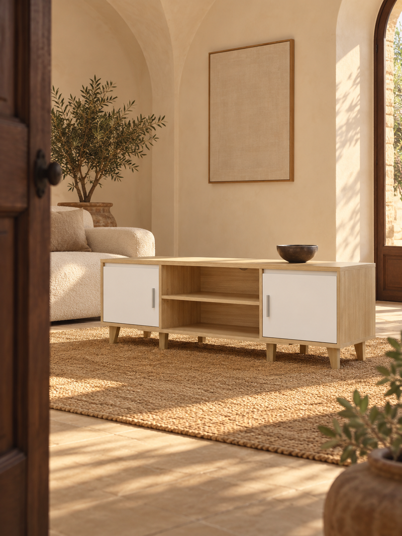 Meuble TV blanc et brun 140 cm – 2 armoires, 2 niches
