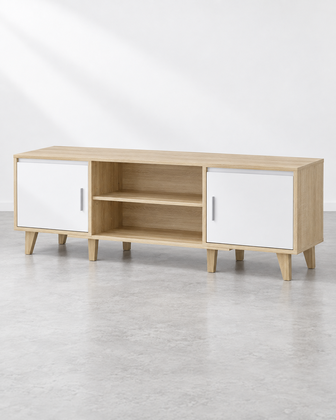 Meuble TV blanc et brun 140 cm – 2 armoires, 2 niches – vue 2