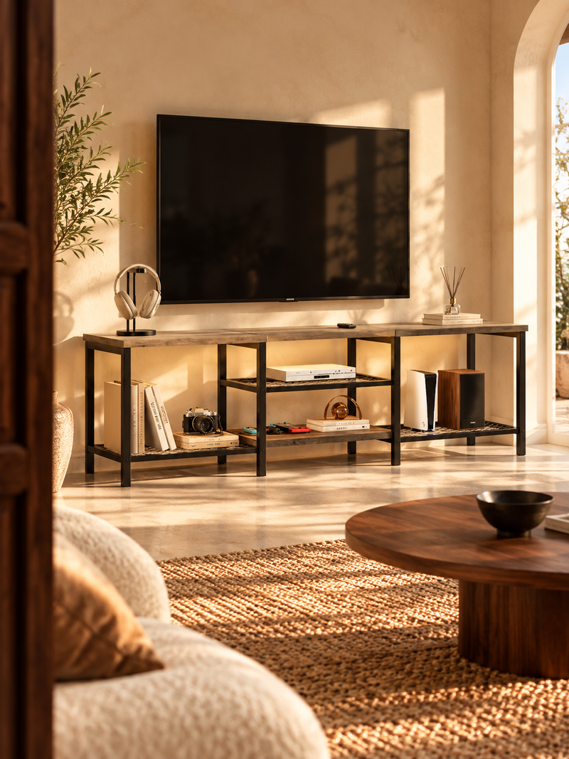 Meuble TV gris à cadre métallique 170 cm