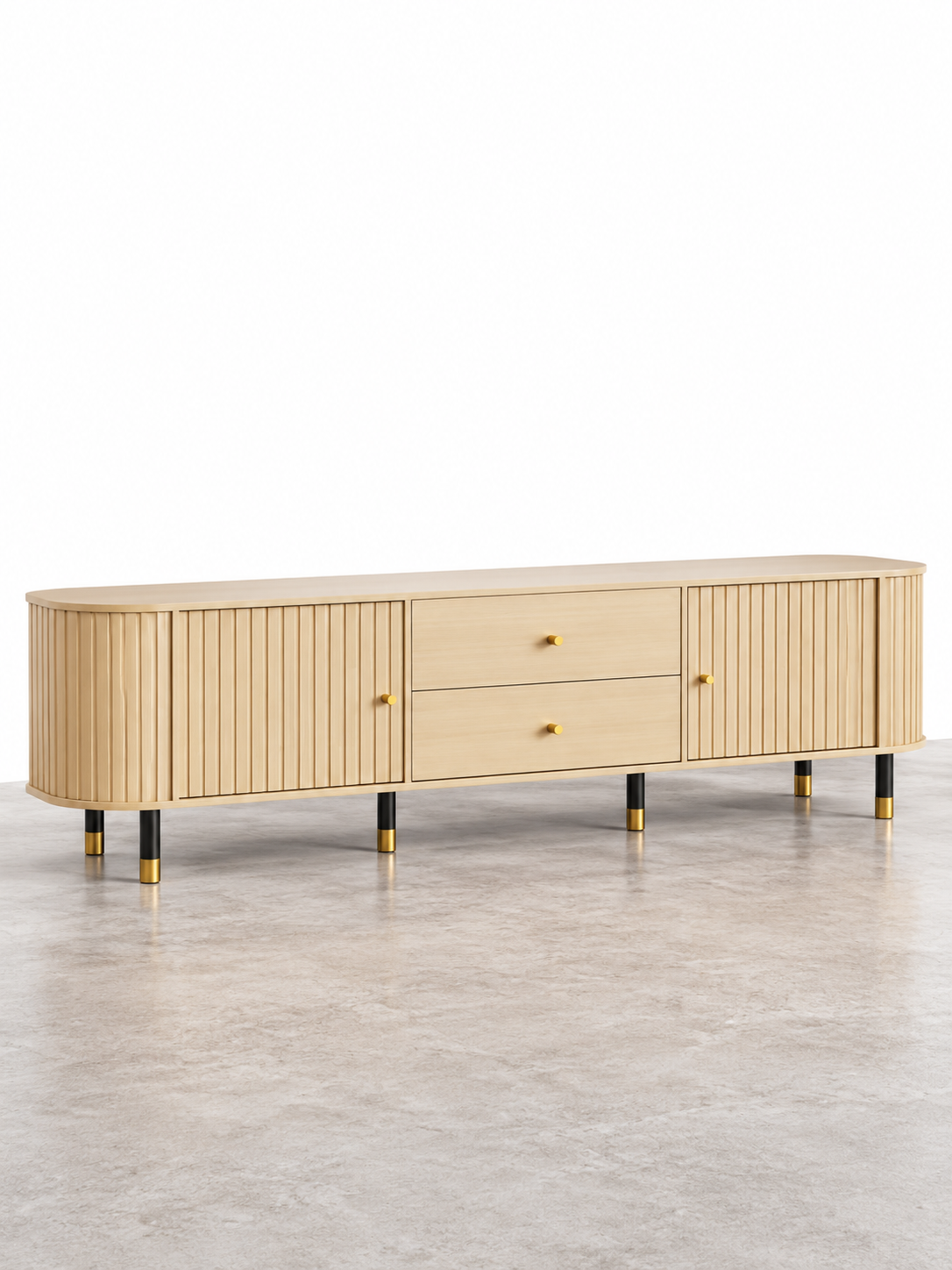 Meuble TV bois clair 180 cm – portes coulissantes, tiroirs – vue 2