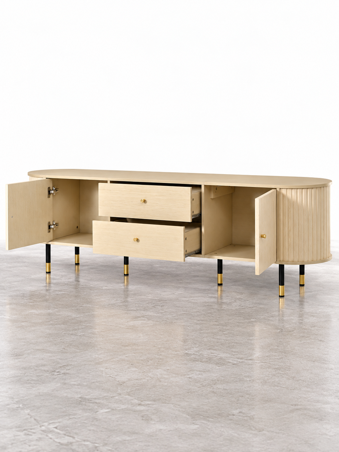 Meuble TV bois clair 180 cm – portes coulissantes, tiroirs – vue 4