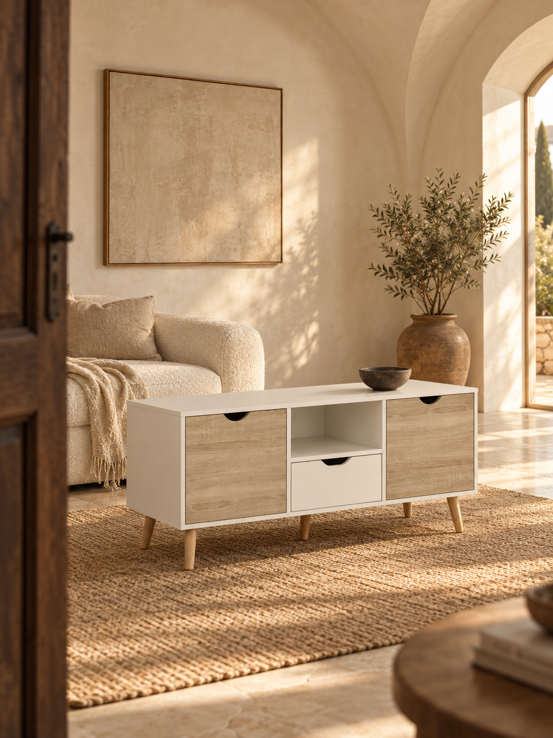 Meuble TV bas blanc 110 cm – 2 placards, sur pieds – vue 1