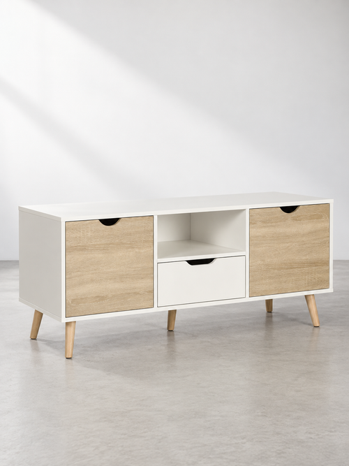 Meuble TV bas blanc 110 cm – 2 placards, sur pieds – vue 2