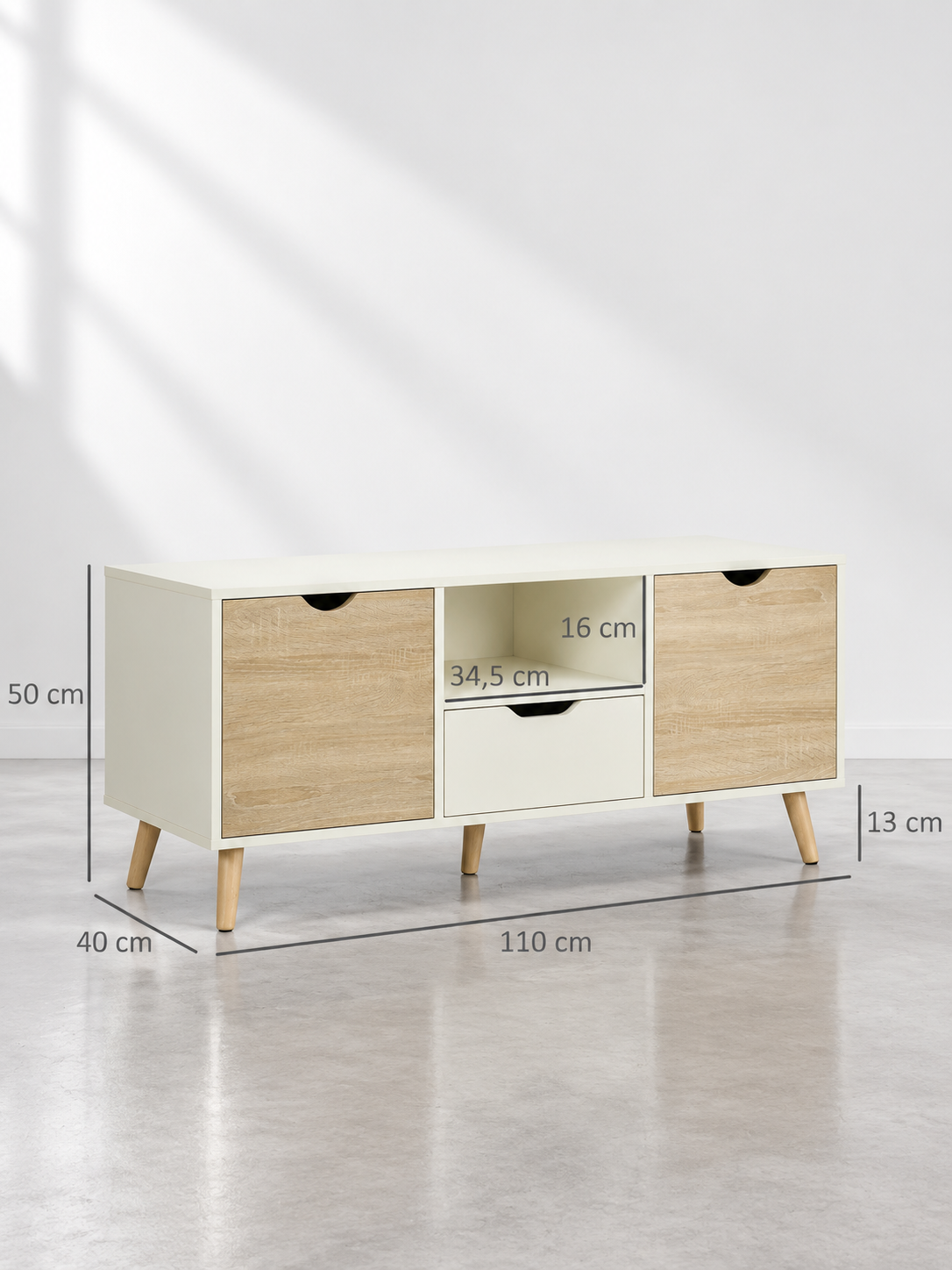 Meuble TV bas blanc 110 cm – 2 placards, sur pieds – vue 5