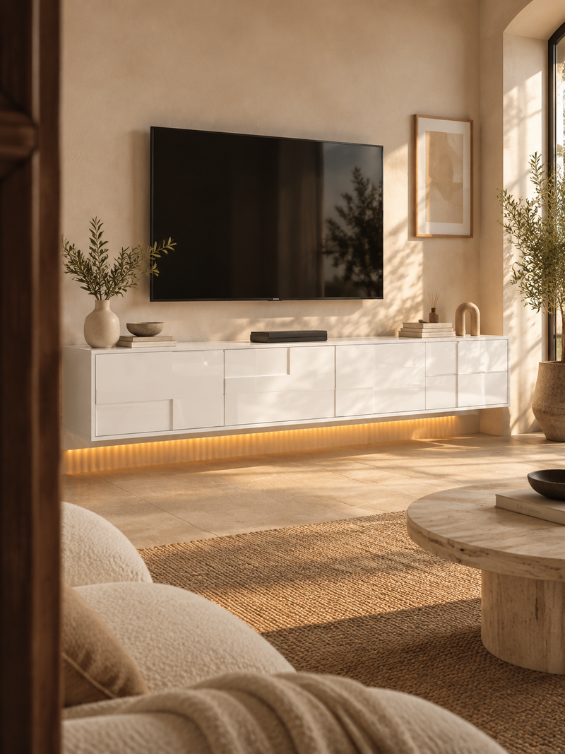 Meuble TV blanc brillant 170 cm – 3 portes, 2 tiroirs