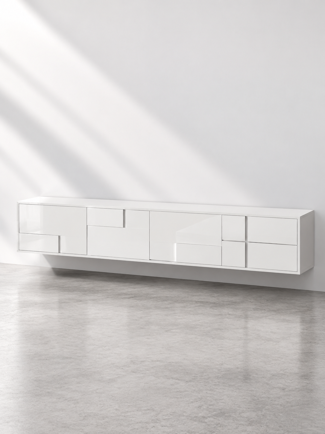 Meuble TV blanc brillant 170 cm – 3 portes, 2 tiroirs