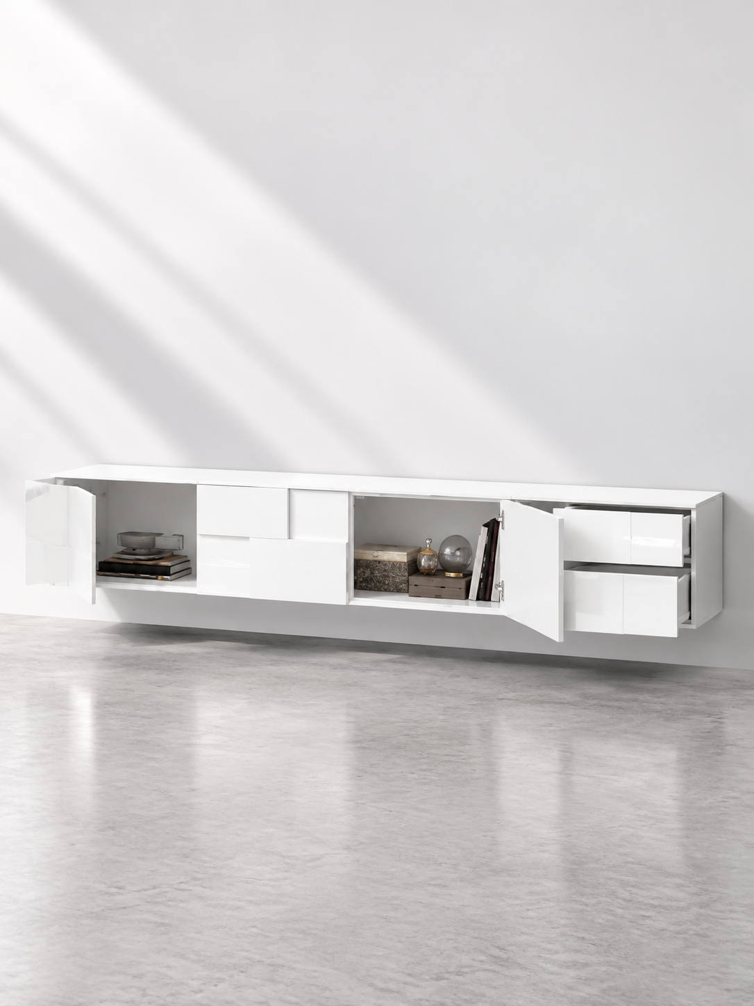 Meuble TV blanc brillant 170 cm – 3 portes, 2 tiroirs – vue 3