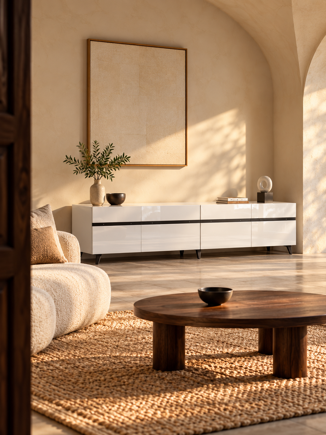 Meuble TV blanc brillant 180 cm – 4 compartiments – vue 1