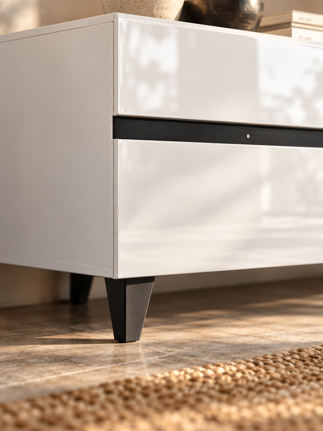 Meuble TV blanc brillant 180 cm – 4 compartiments – vue 3
