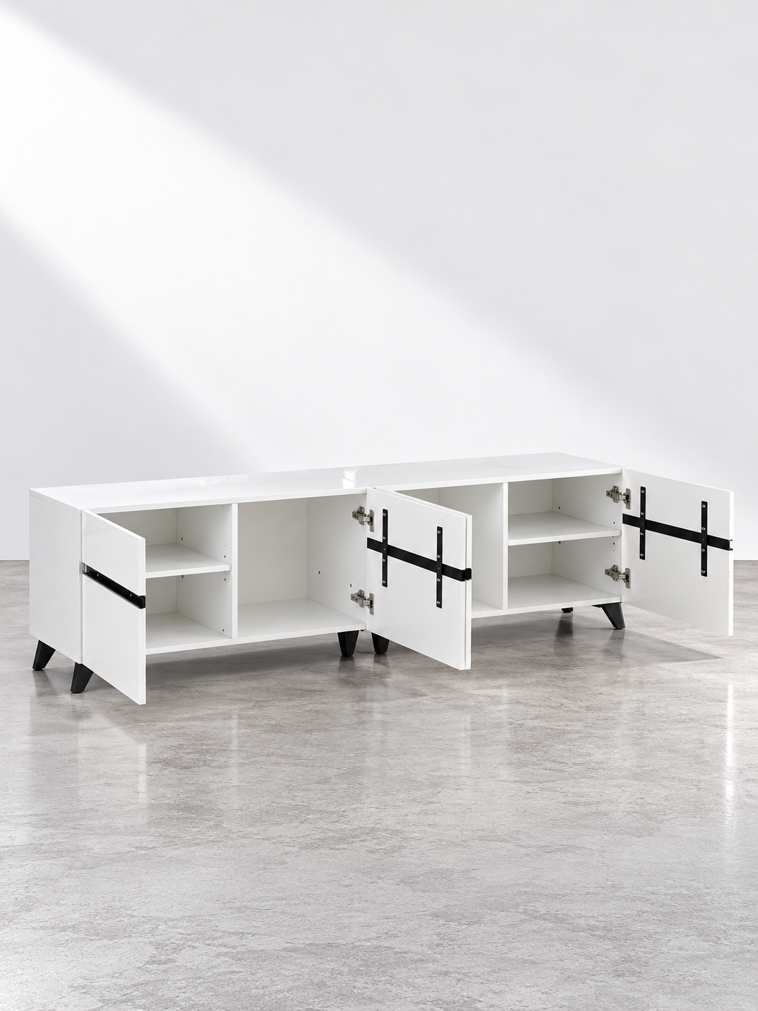 Meuble TV blanc brillant 180 cm – 4 compartiments