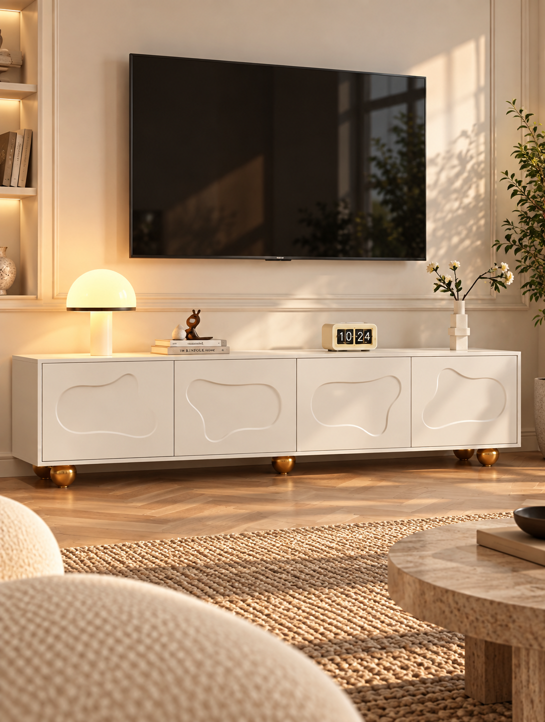 Meuble TV blanc chaud 180 cm – portes nuage – vue 1