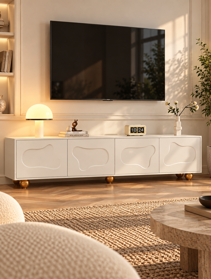 Meuble TV blanc chaud 180 cm – portes nuage