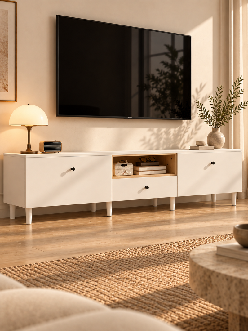 Meuble TV blanc effet bois 200 cm