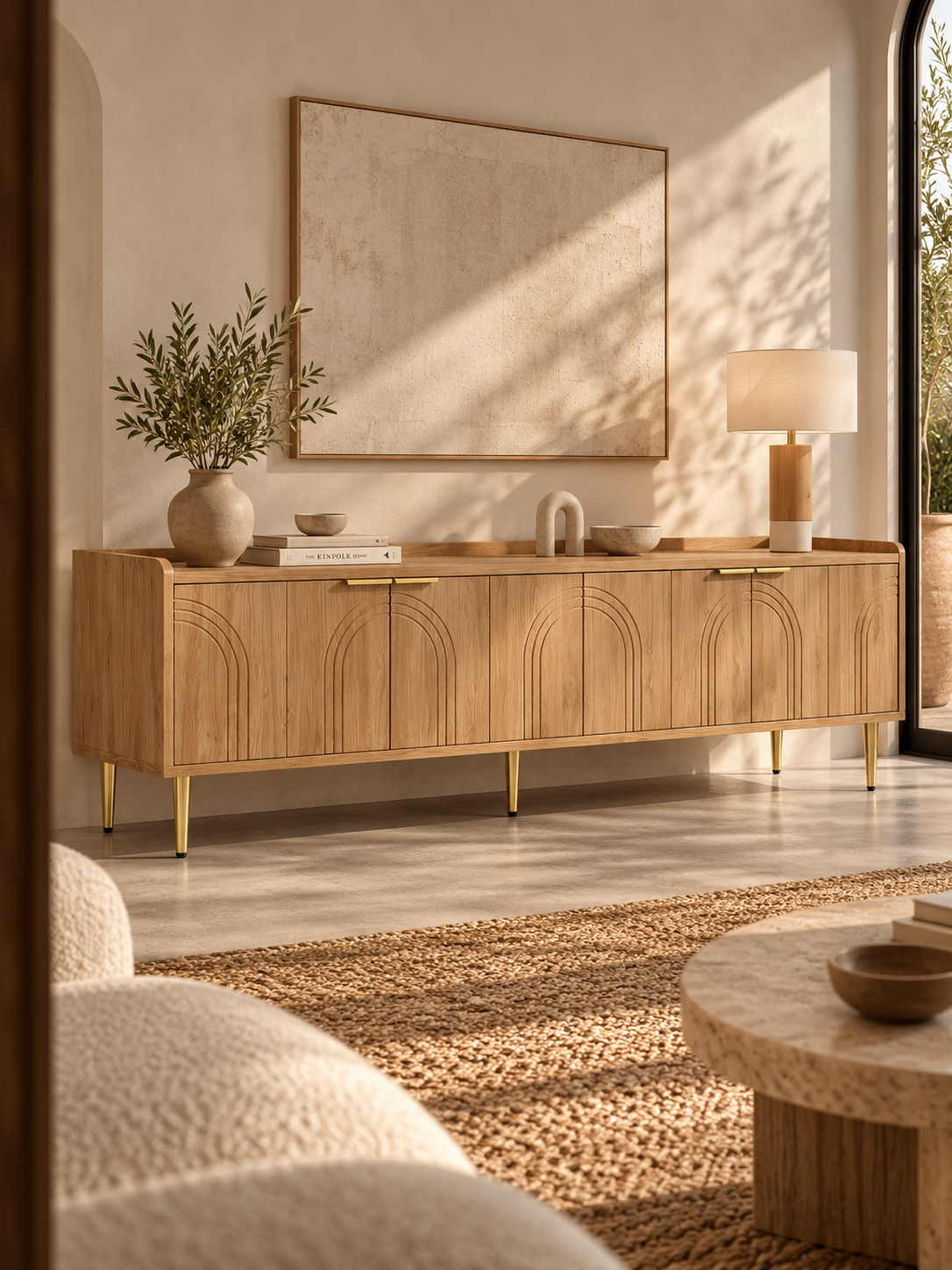Meuble TV bois naturel 170 cm – portes structurées, pieds dorés – vue 1