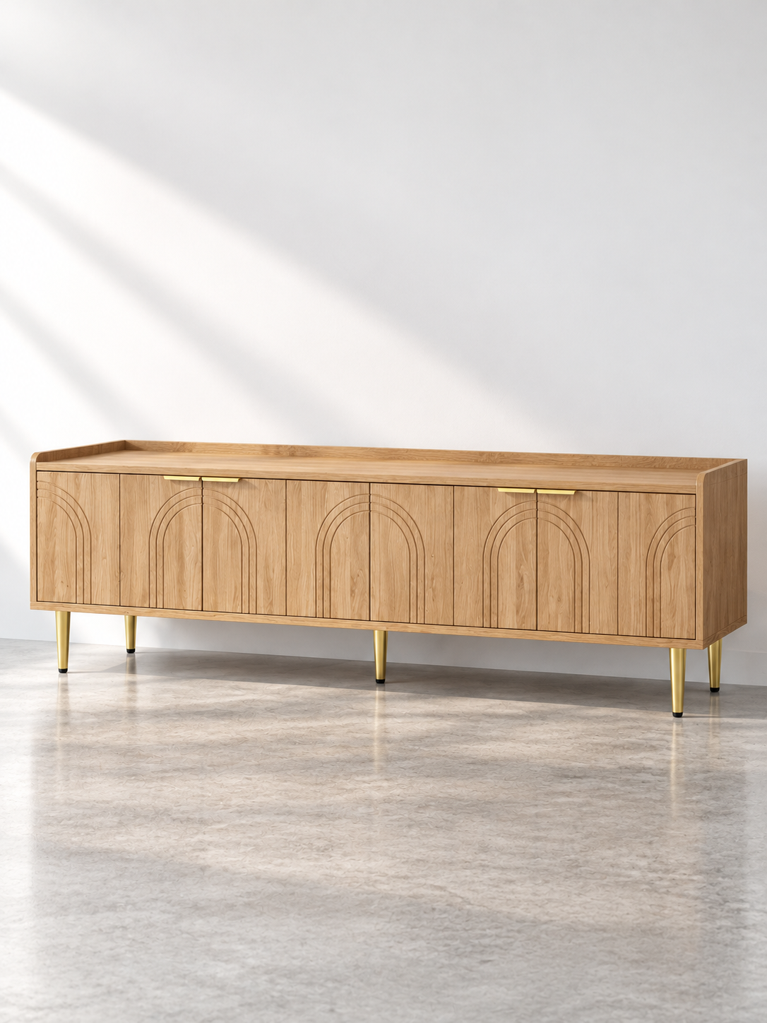 Meuble TV bois naturel 170 cm – portes structurées, pieds dorés – vue 2