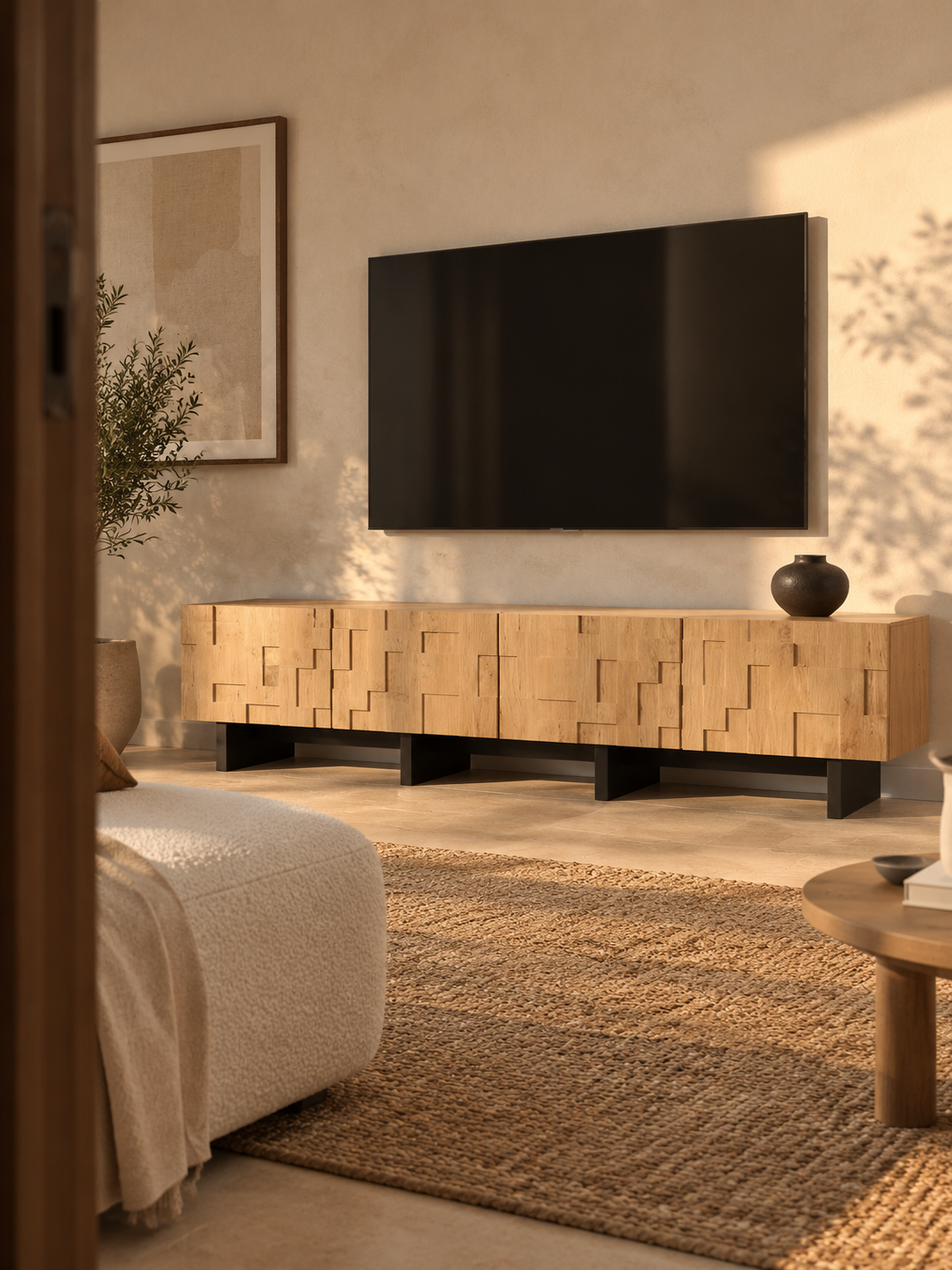 Meuble TV bois naturel 180 cm – 4 portes – vue 1