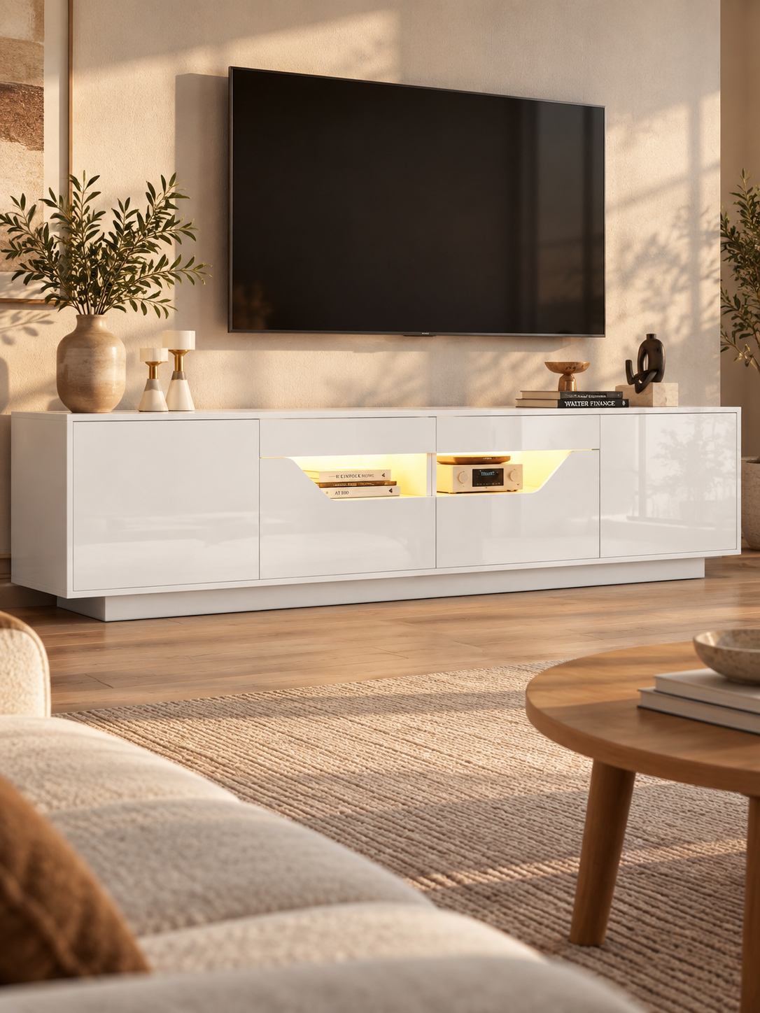 Meuble TV brillant 180 cm – 2 tiroirs, 2 placards – vue 1