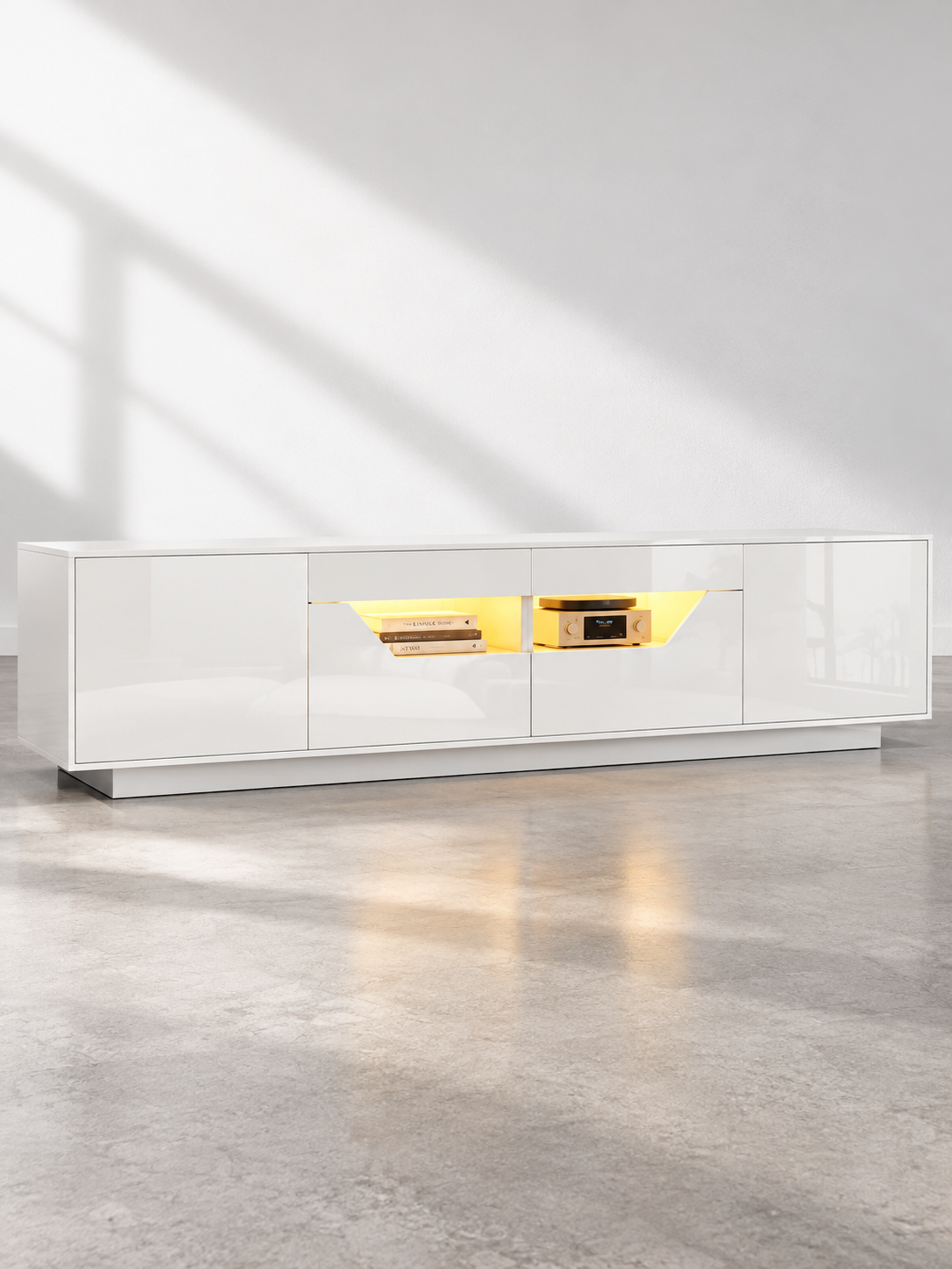 Meuble TV brillant 180 cm – 2 tiroirs, 2 placards