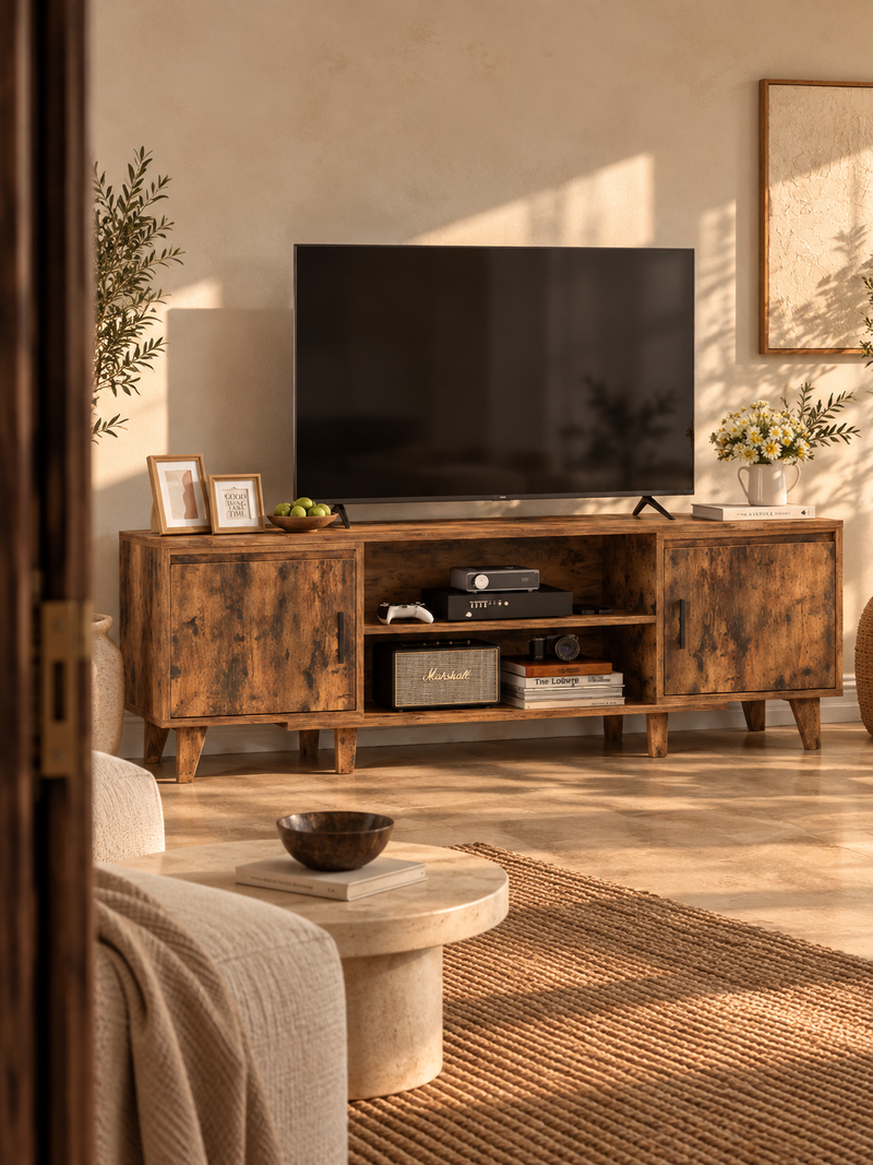Meuble TV brun 140 cm – 2 placards, 2 niches
