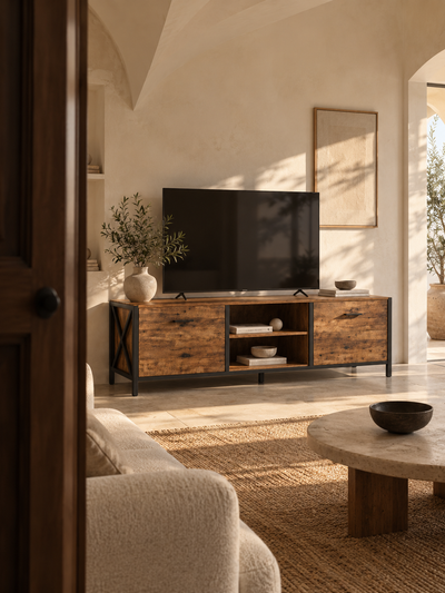 Meuble TV brun rustique – 4 tiroirs, 2 niches