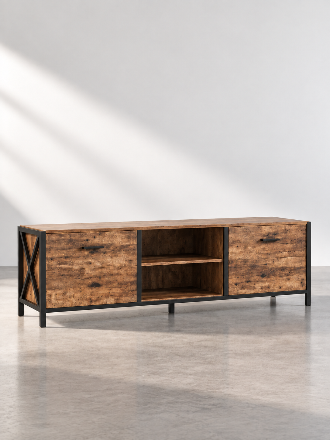 Meuble TV brun rustique – 4 tiroirs, 2 niches – vue 2