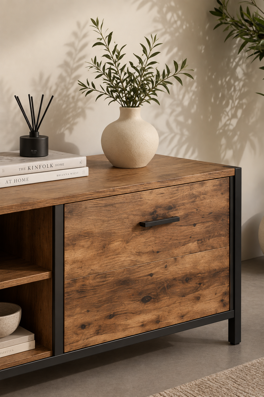 Meuble TV brun rustique – 4 tiroirs, 2 niches – vue 3