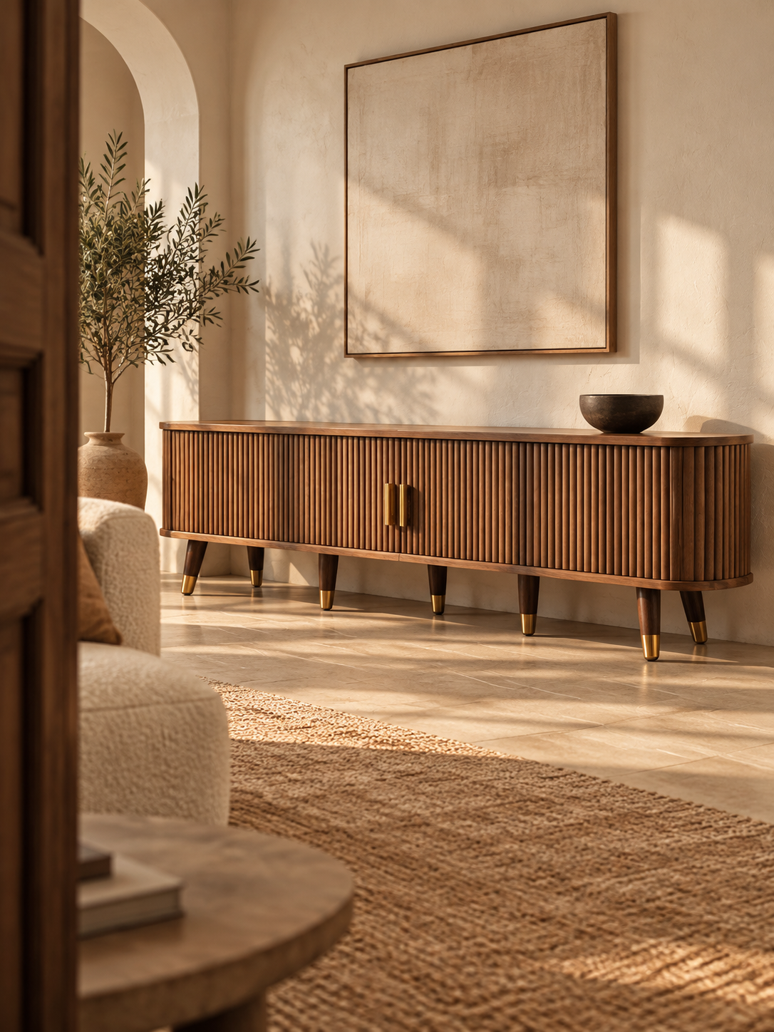 Meuble TV campagne noyer 175 cm – porte coulissante en rotin – vue 1