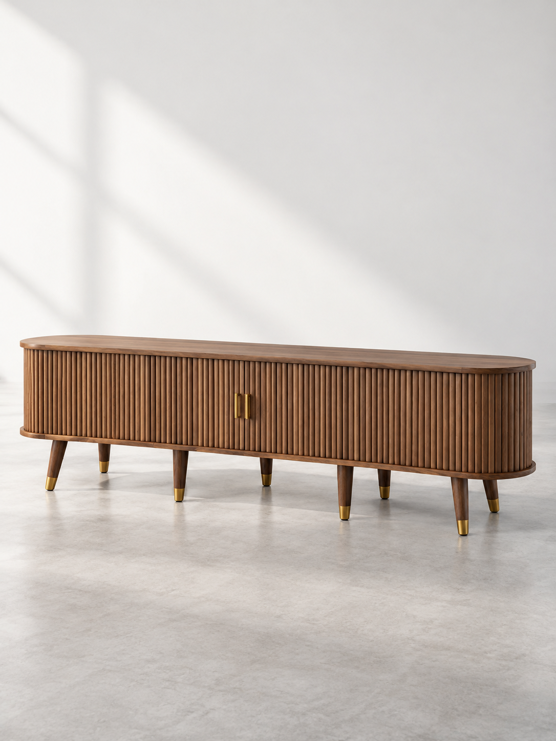 Meuble TV campagne noyer 175 cm – porte coulissante en rotin – vue 2