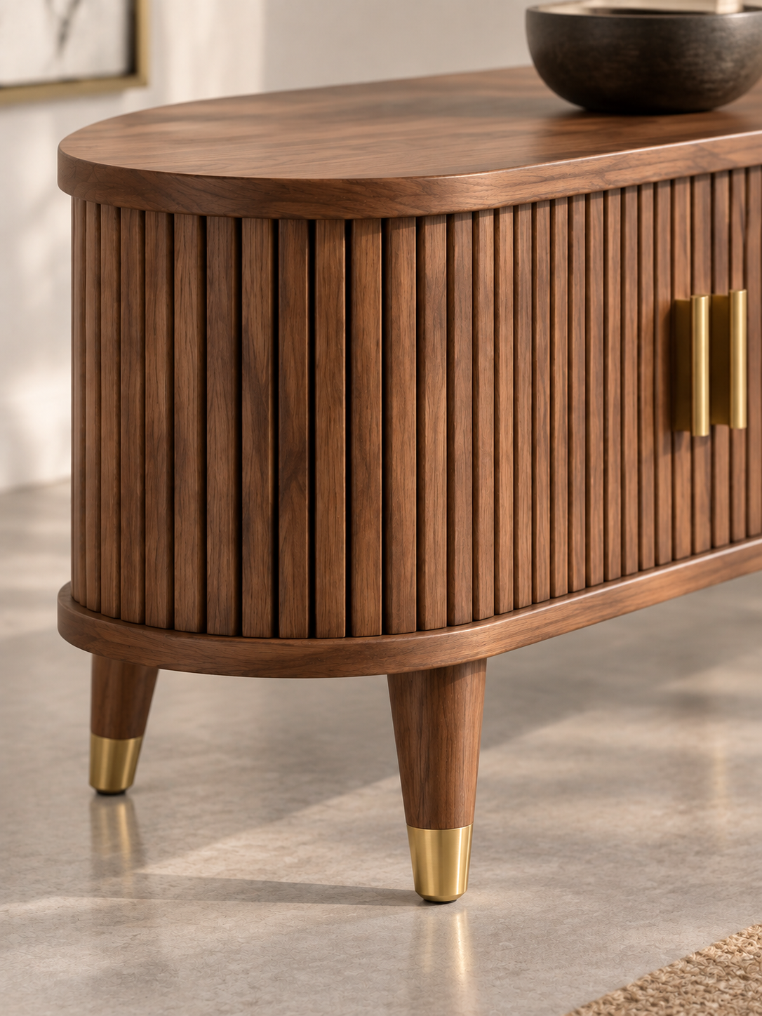Meuble TV campagne noyer 175 cm – porte coulissante en rotin – vue 3
