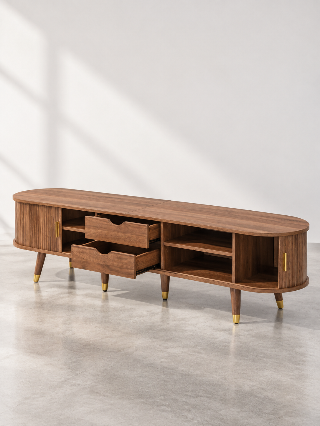 Meuble TV campagne noyer 175 cm – porte coulissante en rotin – vue 5