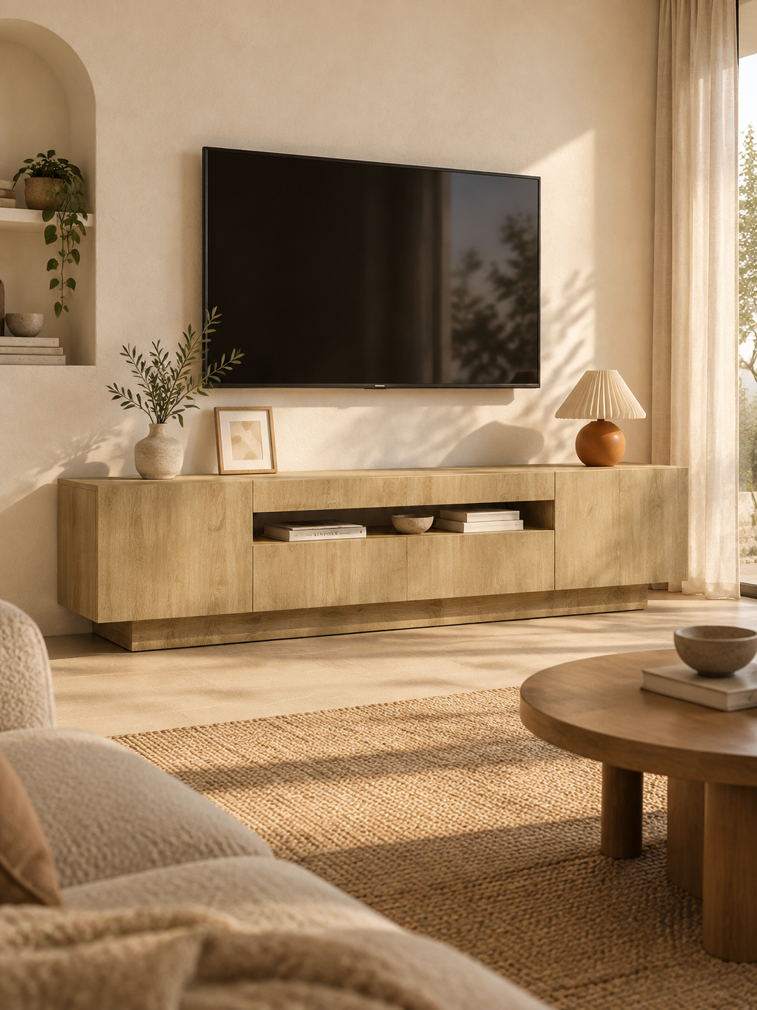 Meuble TV chêne Sonoma 160 cm – éclairage LED – vue 1
