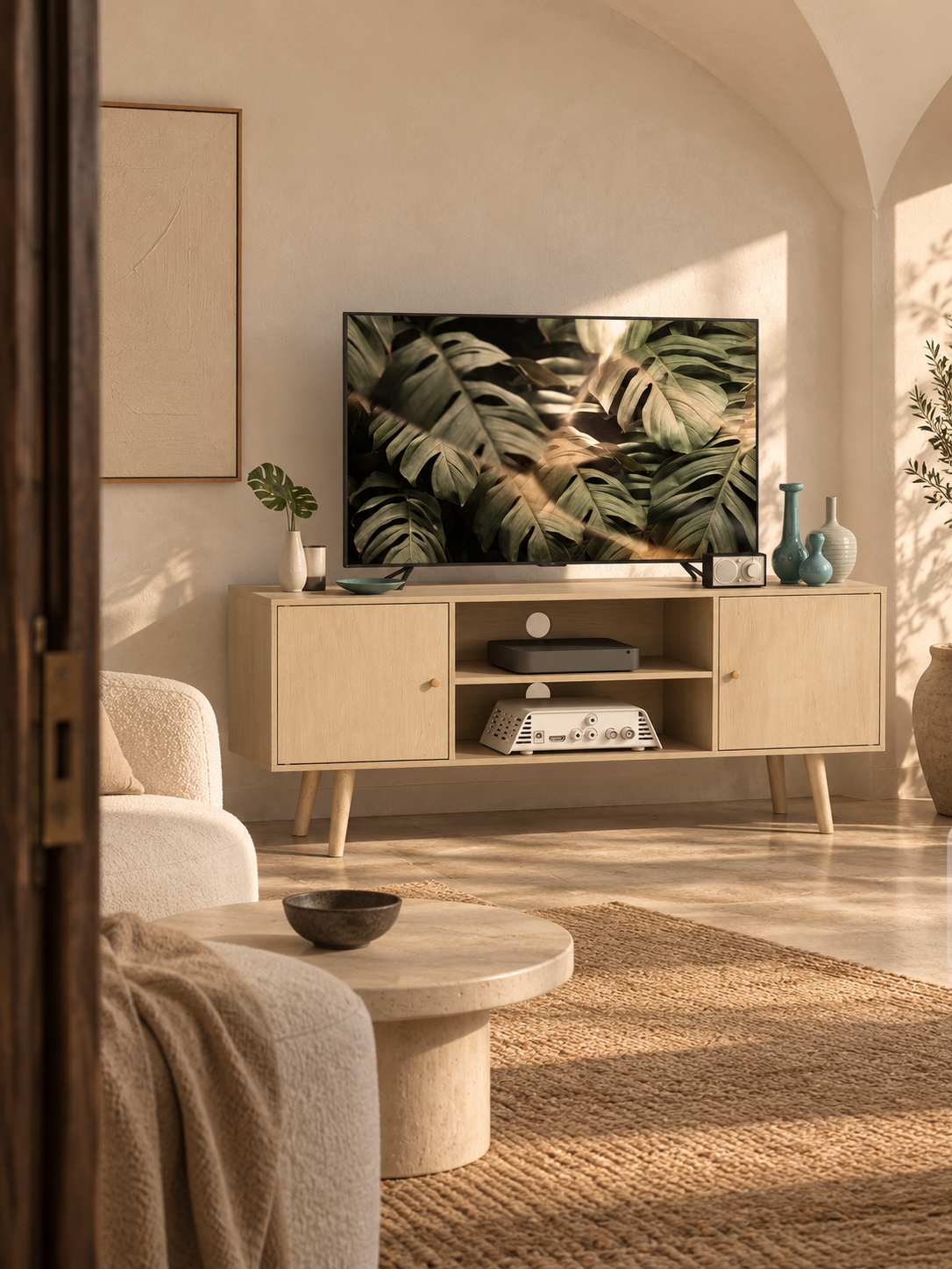 Meuble TV effet bois naturel 120 cm – 2 placards – vue 1