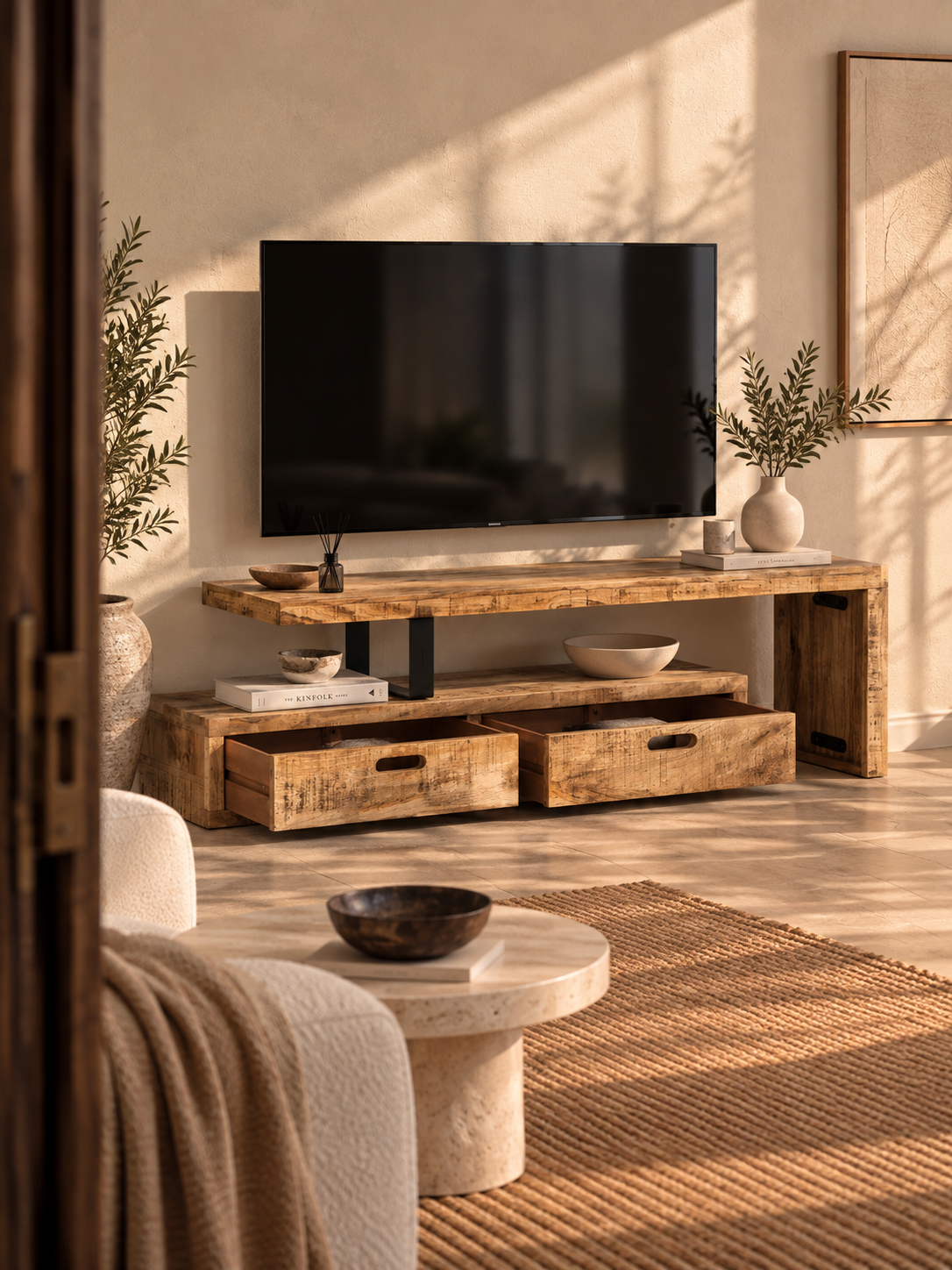 Meuble TV extensible manguier massif 118 à 200 cm – vue 1