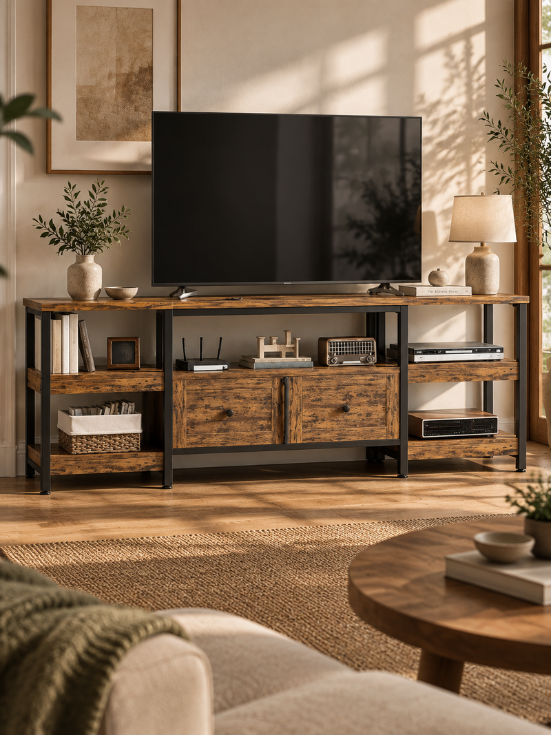 Meuble TV industriel – cadre métal, 2 tiroirs, 5 étagères