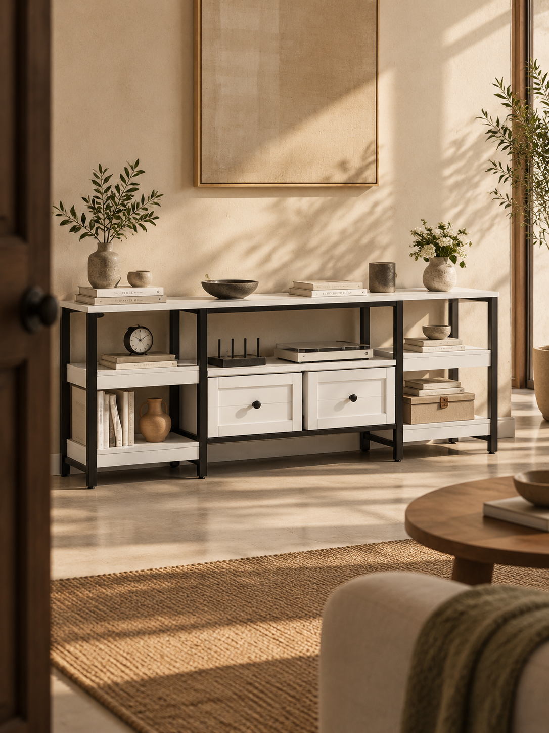 Meuble TV industriel – cadre métal, 2 tiroirs, 5 étagères – vue 4