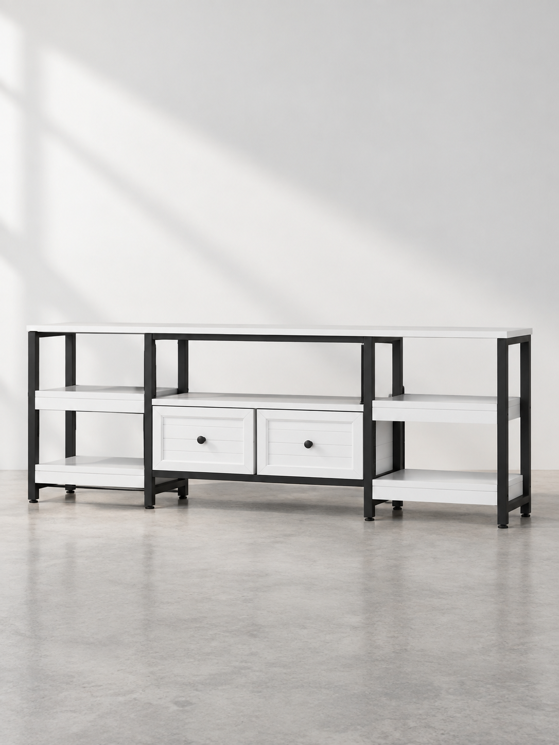 Meuble TV industriel – cadre métal, 2 tiroirs, 5 étagères – vue 5