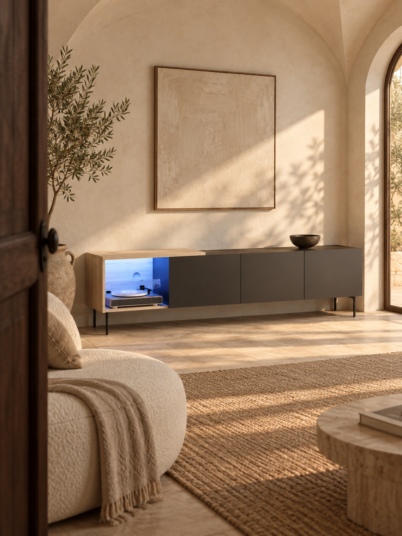 Meuble TV laqué brillant 240 cm – blanc ou noir, tiroir