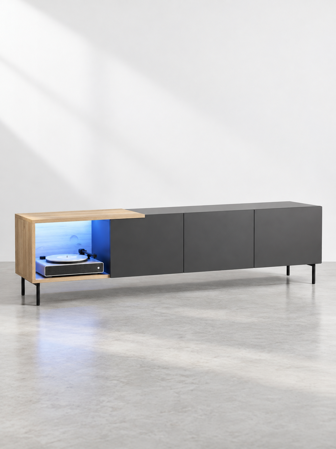 Meuble TV laqué brillant 240 cm – blanc ou noir, tiroir – vue 2