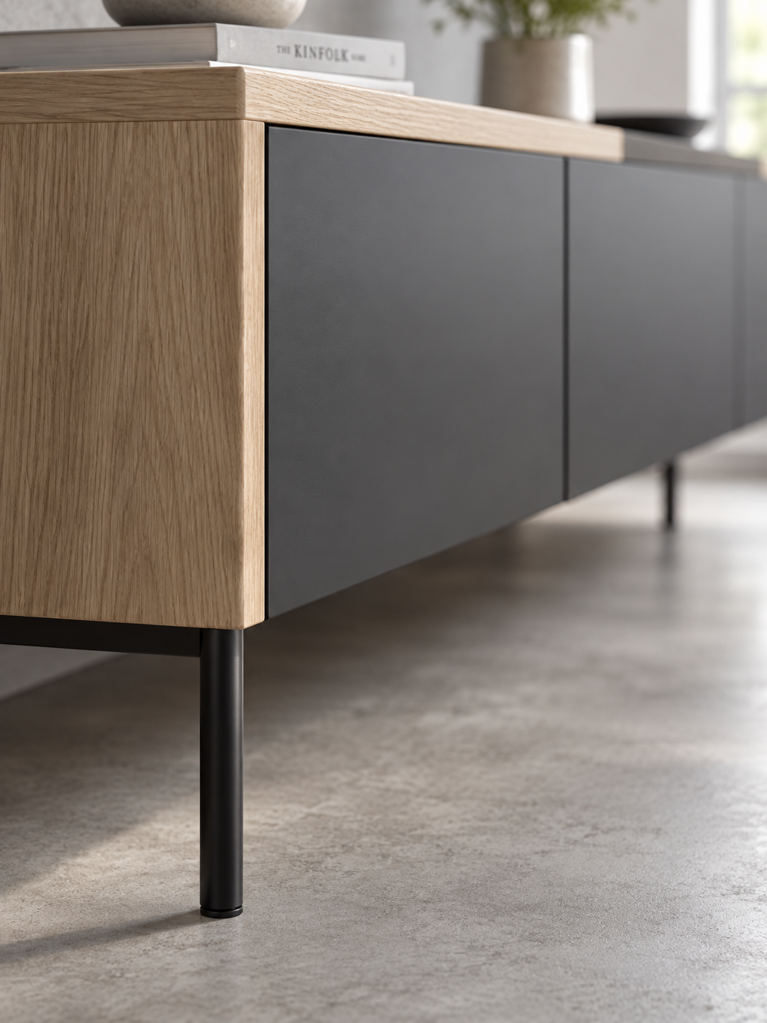 Meuble TV laqué brillant 240 cm – blanc ou noir, tiroir – vue 3