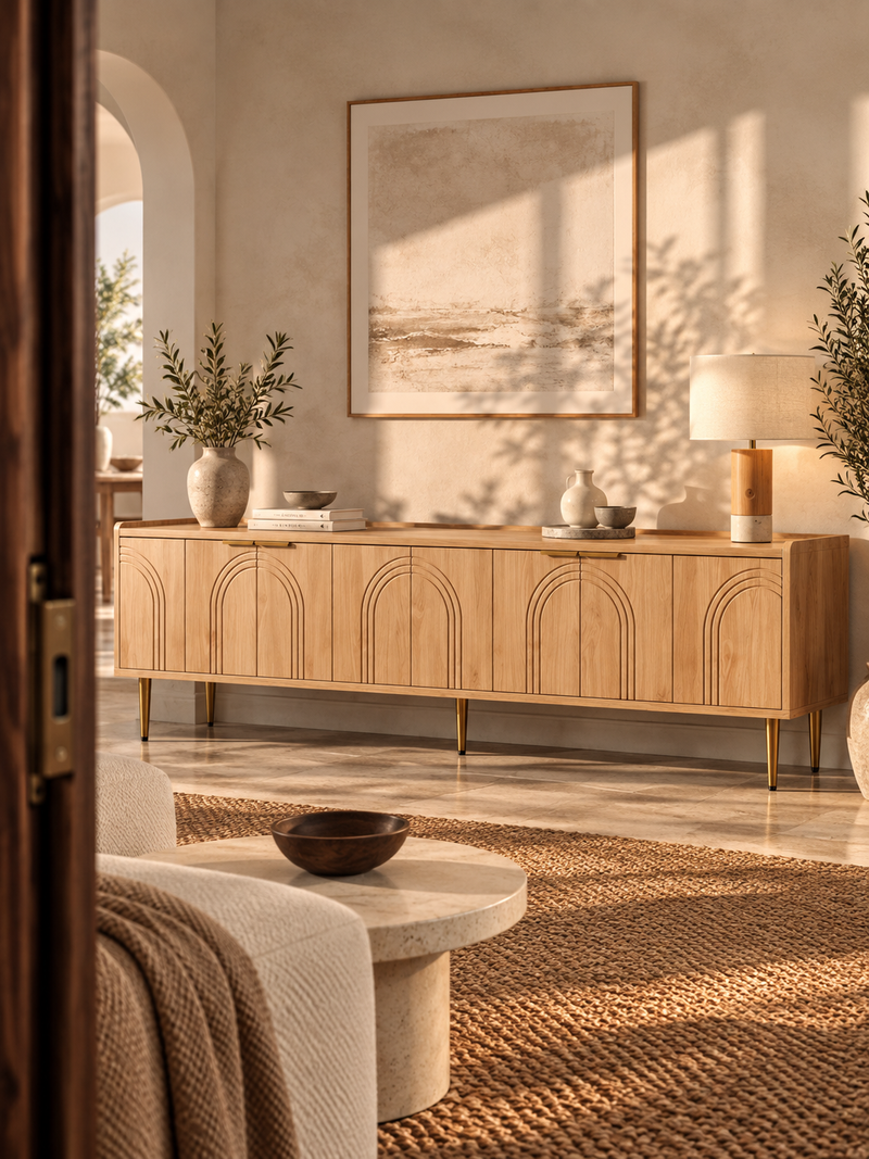 Meuble TV naturel 170 cm – portes sculptées, pieds dorés