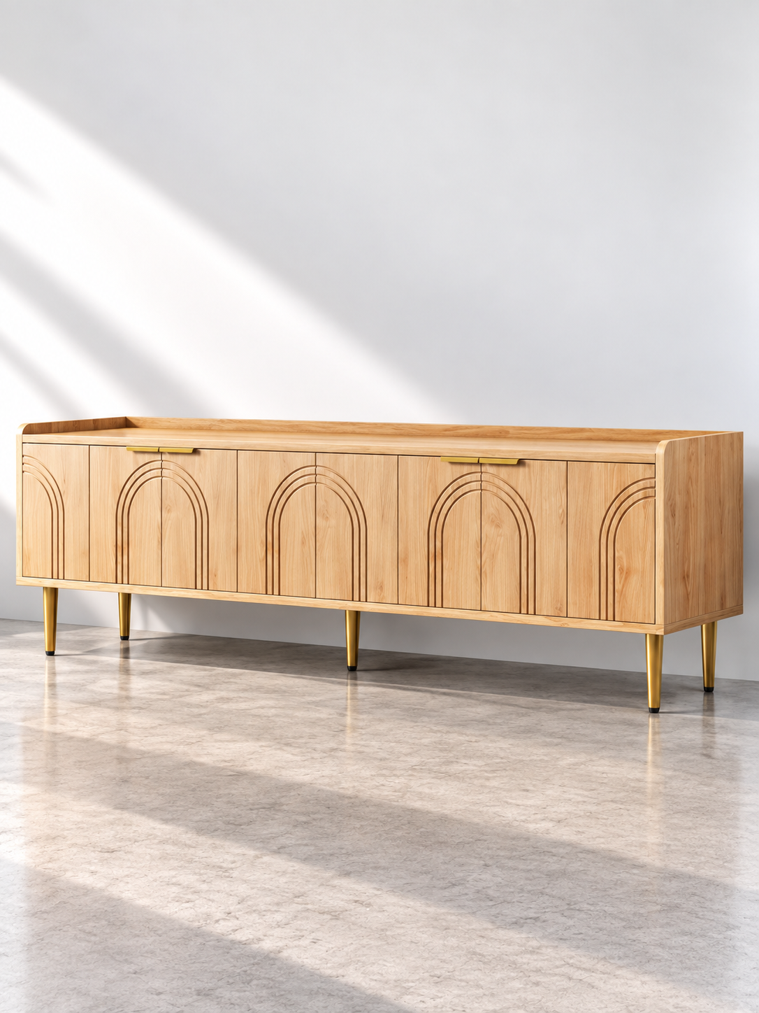 Meuble TV naturel 170 cm – portes sculptées, pieds dorés – vue 2