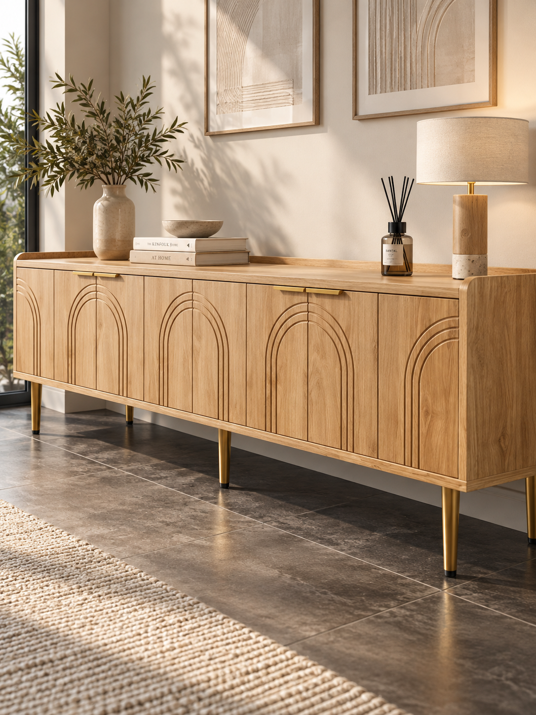 Meuble TV naturel 170 cm – portes sculptées, pieds dorés – vue 3