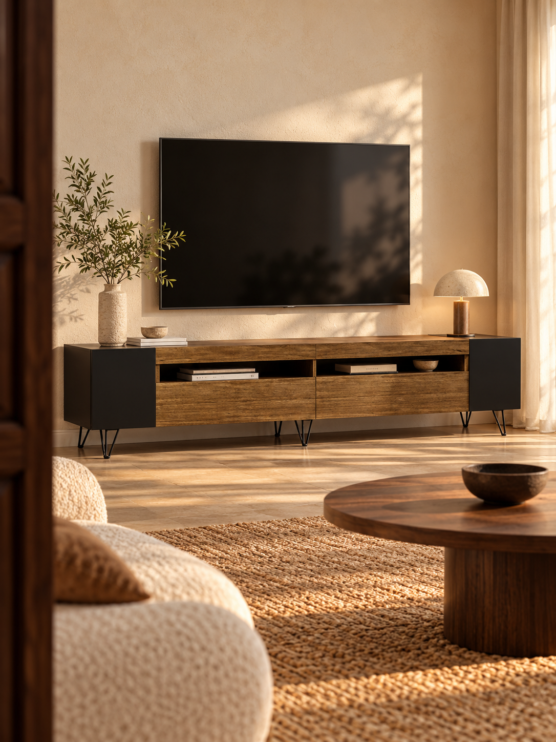 Meuble TV noir et bois 180 cm – étagères de rangement – vue 1