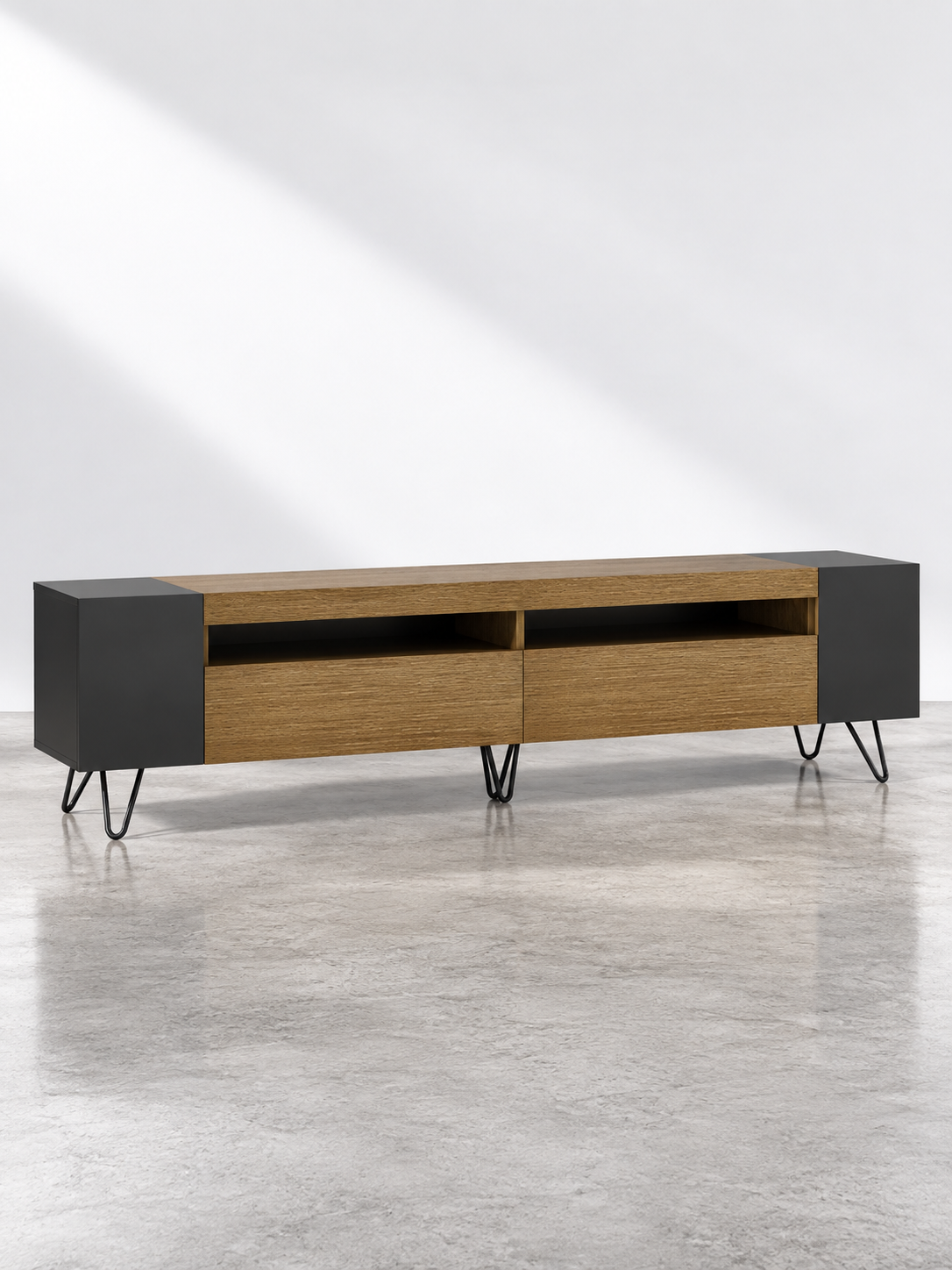Meuble TV noir et bois 180 cm – étagères de rangement – vue 2