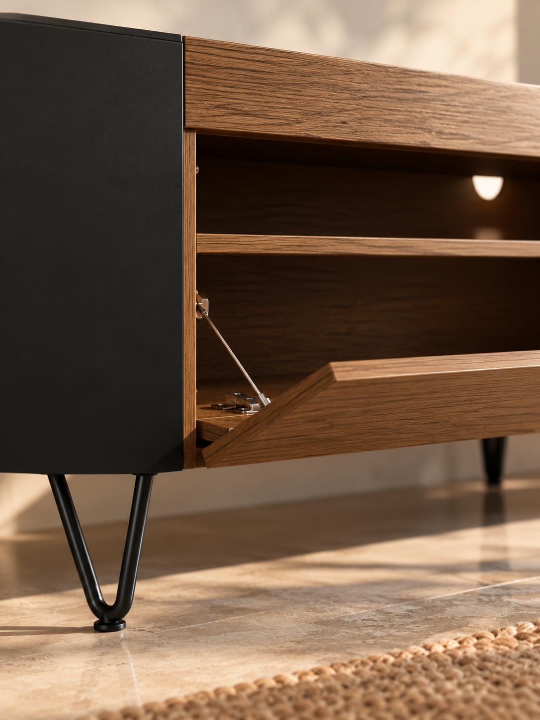 Meuble TV noir et bois 180 cm – étagères de rangement – vue 3