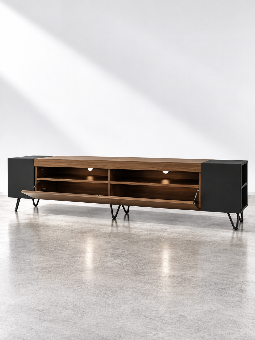 Meuble TV noir et bois 180 cm – étagères de rangement